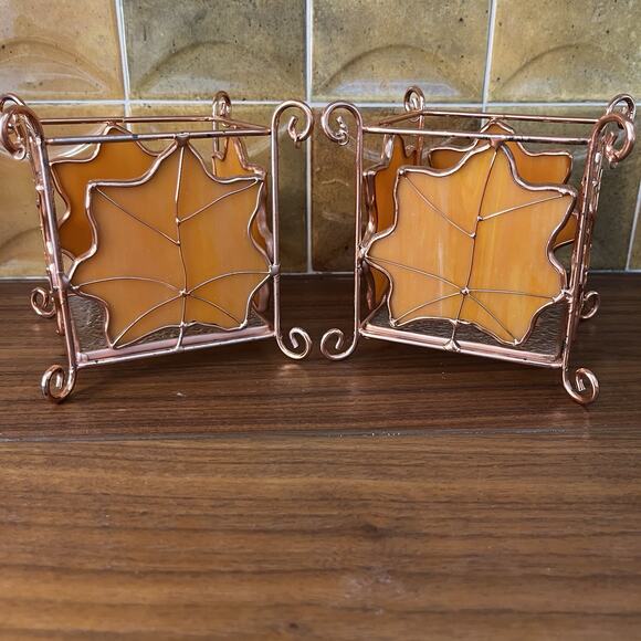 Copper Stained Glass Orange Leaf Tealight Candleholders - Picture 1 of 9